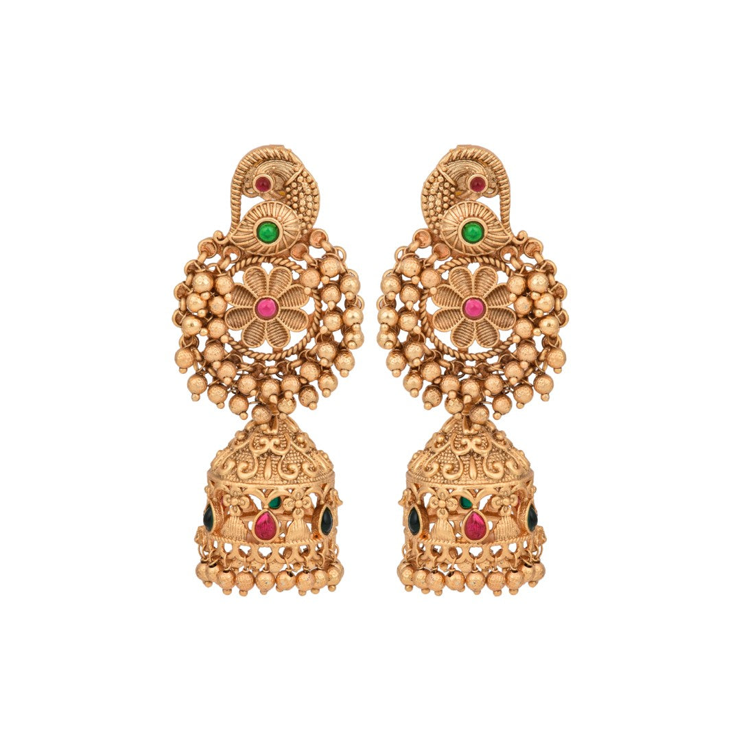 Gold plated temple bird & jhumka earring