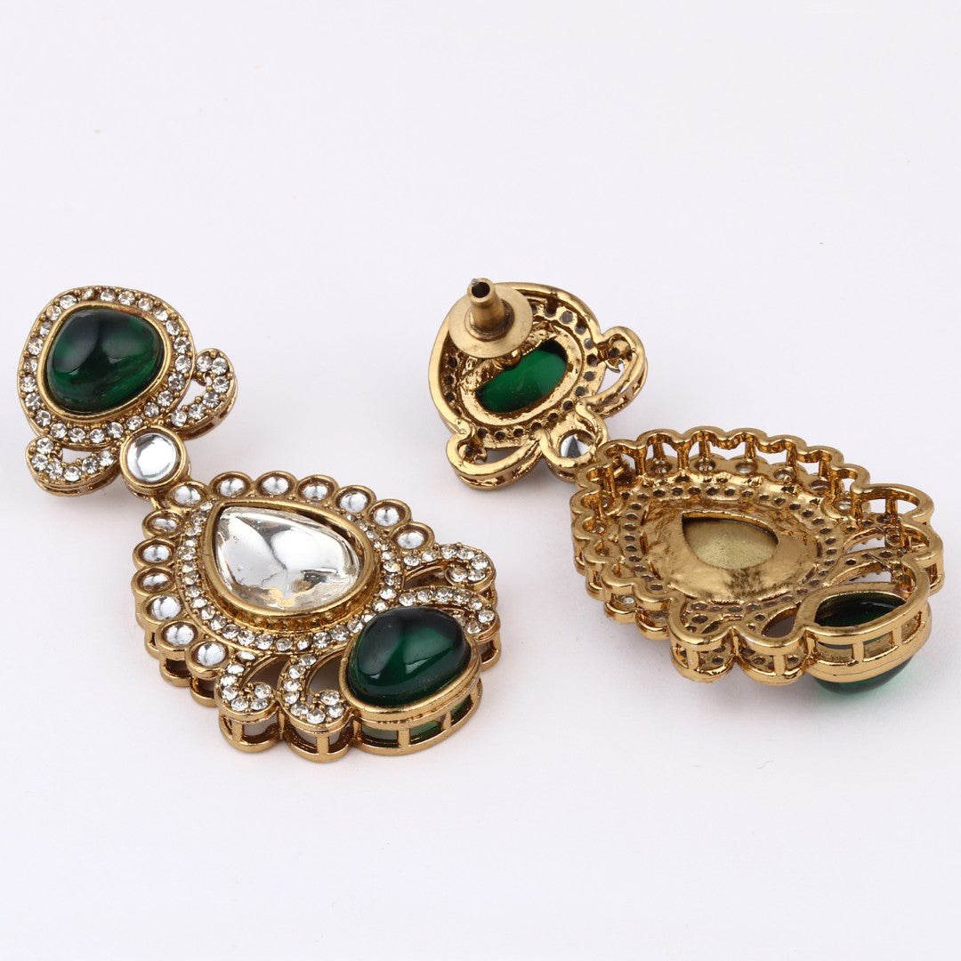 Gold plated kundan Pear shaped Drop Earrings Green