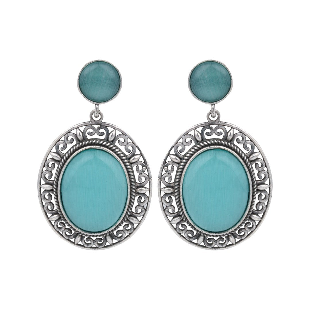 Oval Drop Earring in Silver frame with filigree Turq