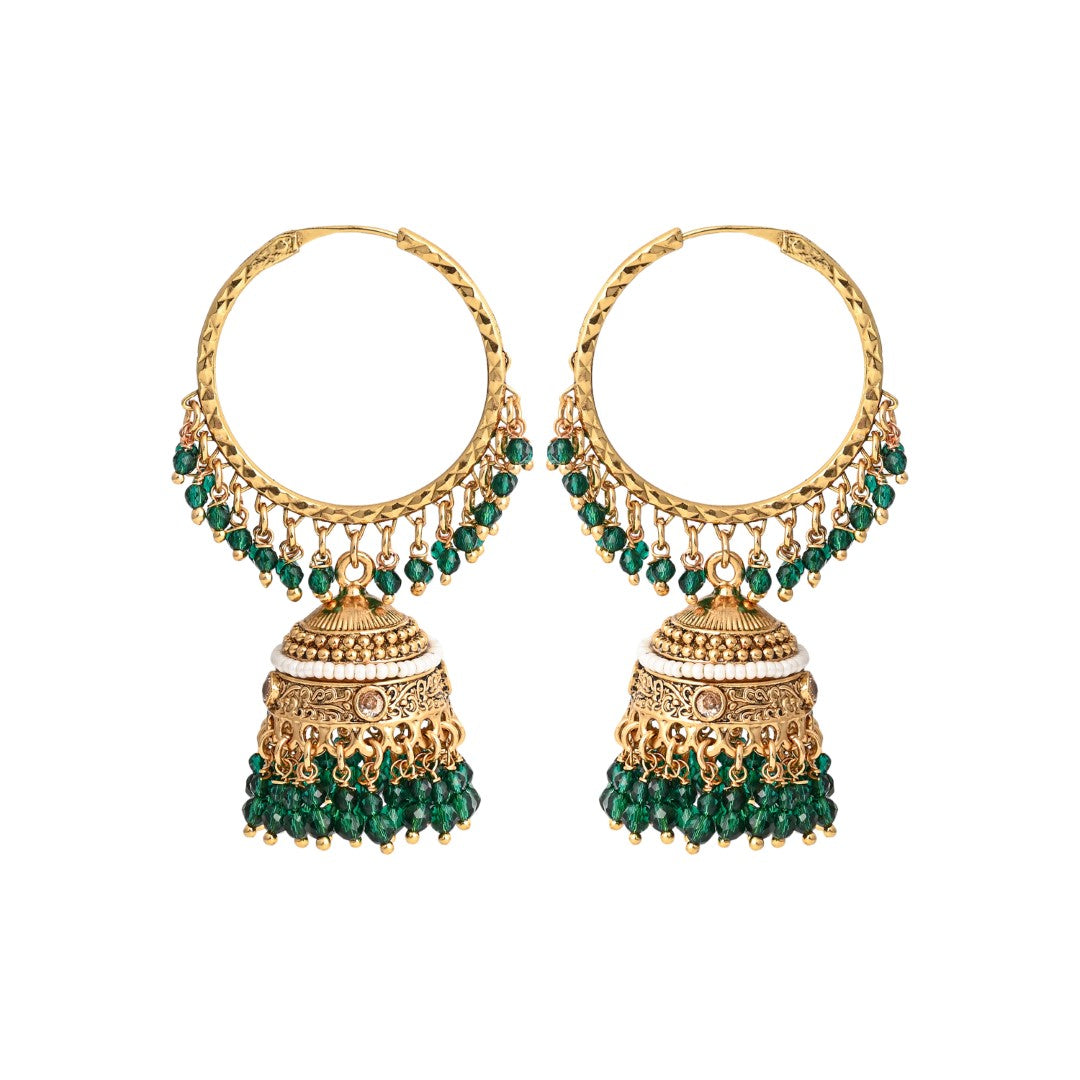 Ethnic hoops with Jhumka drop Green