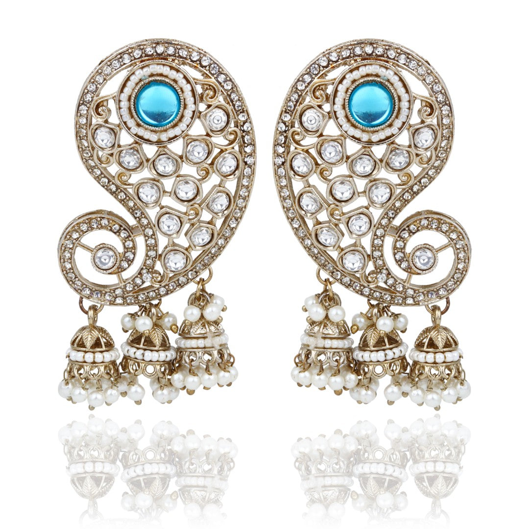 Gold-Toned Paisley Stud Earrings with Stones and Pearl jhumka Drops