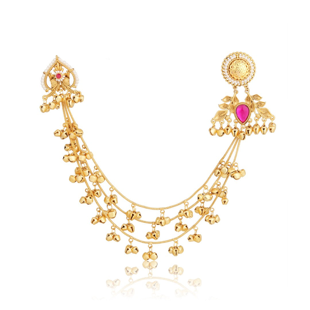 Gold plated Studs Earring with Ear chains Red
