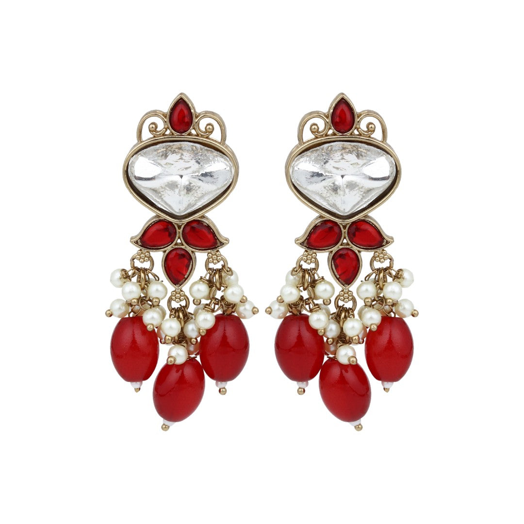 Gold plated Kundan & Pearl drop Earrings- Red
