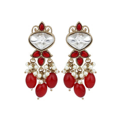 Gold plated Kundan & Pearl drop Earrings- Red