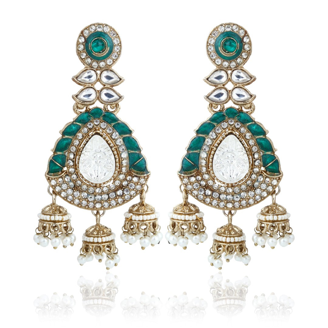 Kundan Chandbali Earrings with Jhumka Drops Green