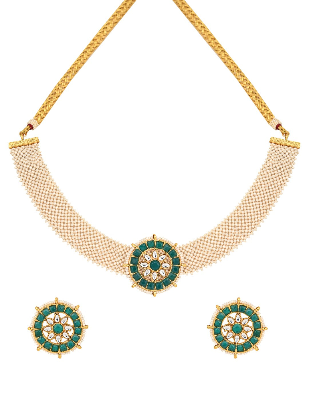 Elegant Kundan Choker Necklace Set with Pearl Mesh Strap Green
