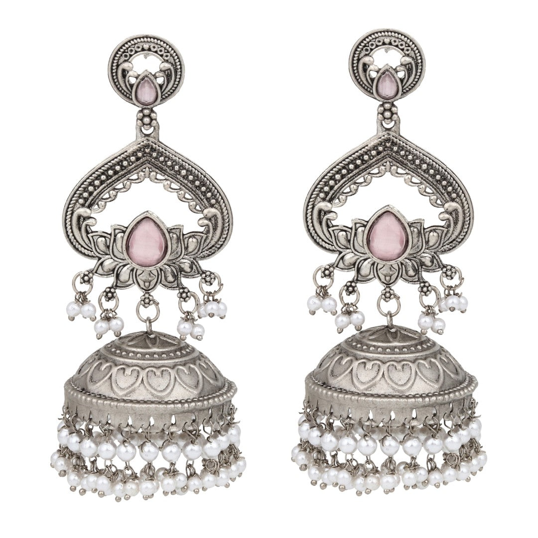Silver plated long Jhumka - Pink