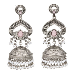 Silver plated long Jhumka - Pink
