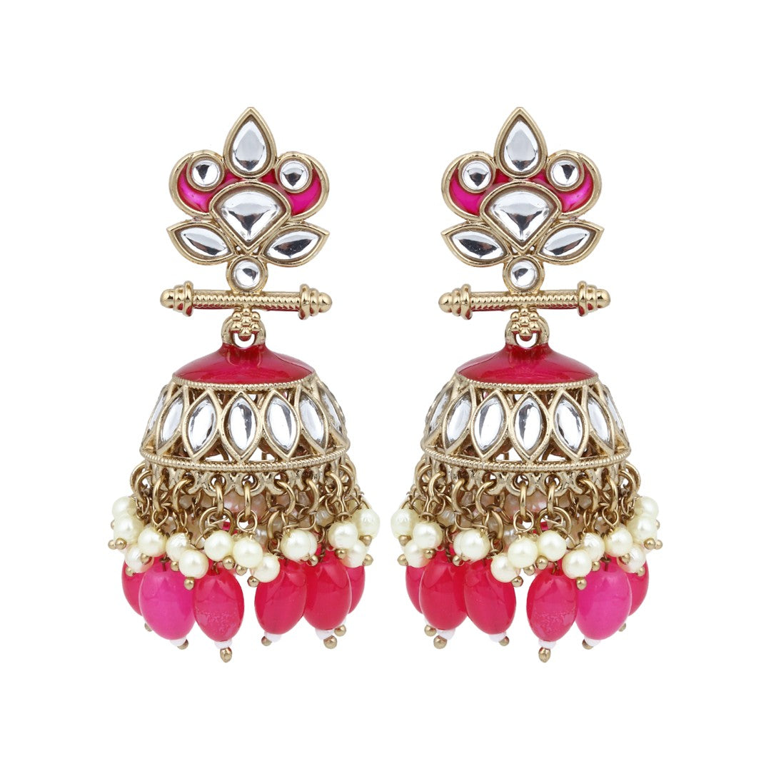 Gold plated Kundan & Meenakari Jhumka Earrings - Pink