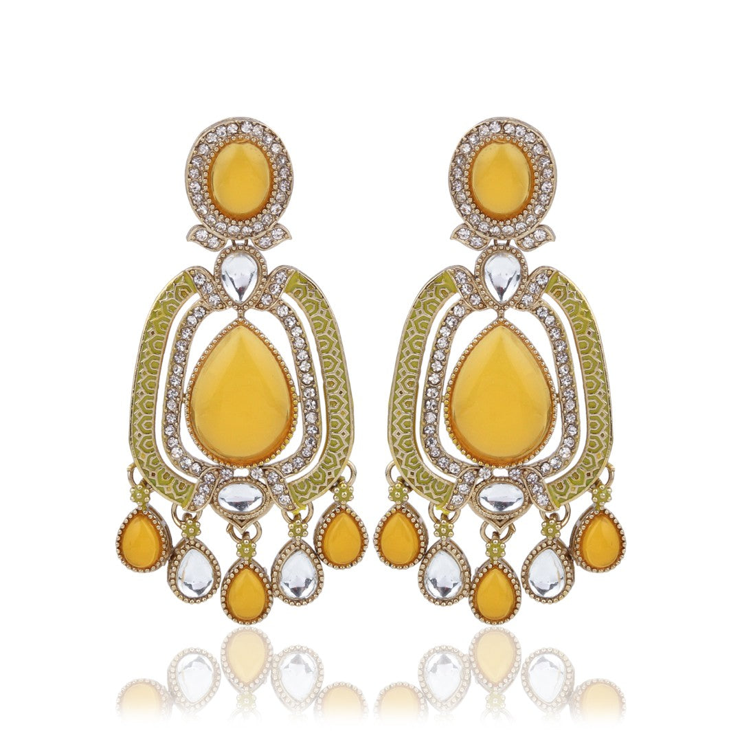 Elegant Crystal Teardrop Statement Earrings - Yellow