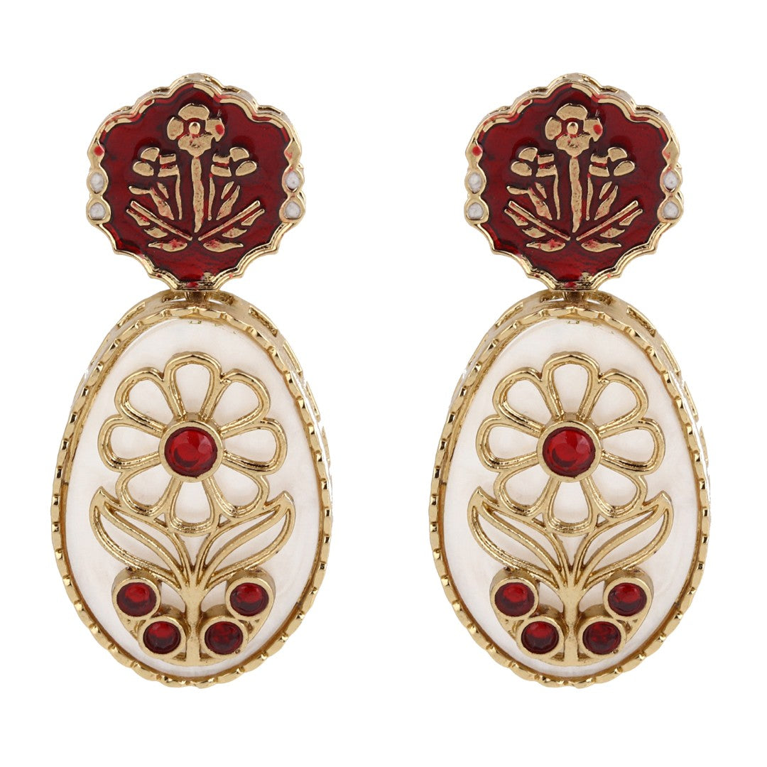 MOP Meenakari Floral Drop Earrings - Red