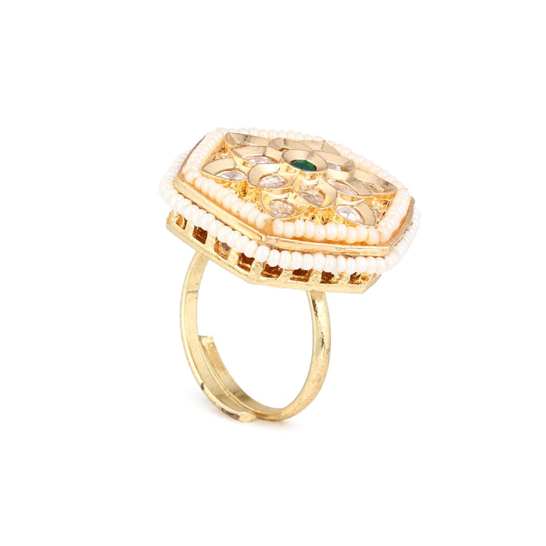 Hexagon Floral Kundan Pearl Brass Ring