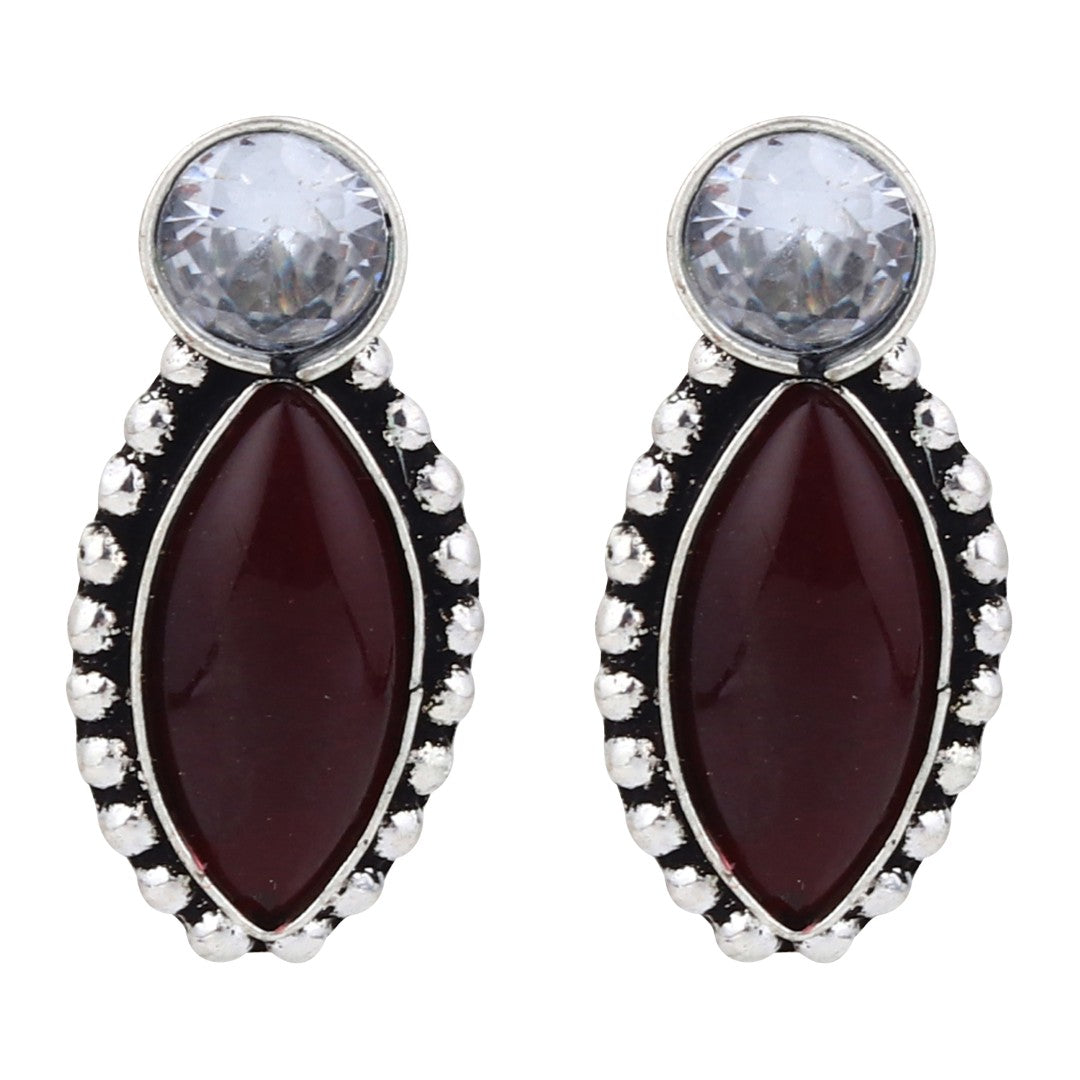 Silver-Tone Maroon Stone Statement Earring