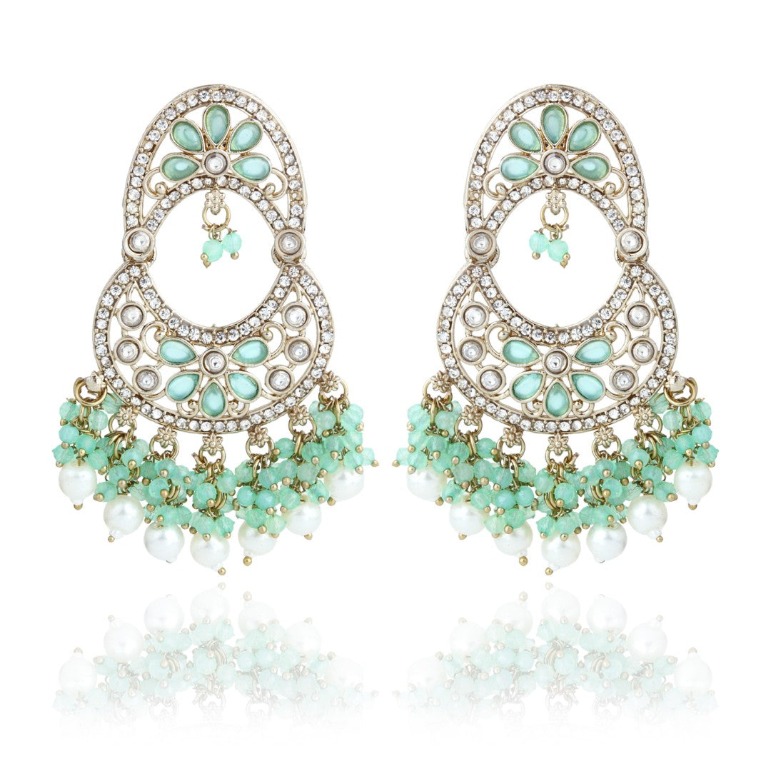 Gold-Toned Kundan Drop Earrings with Mint Green Bead Fringe
