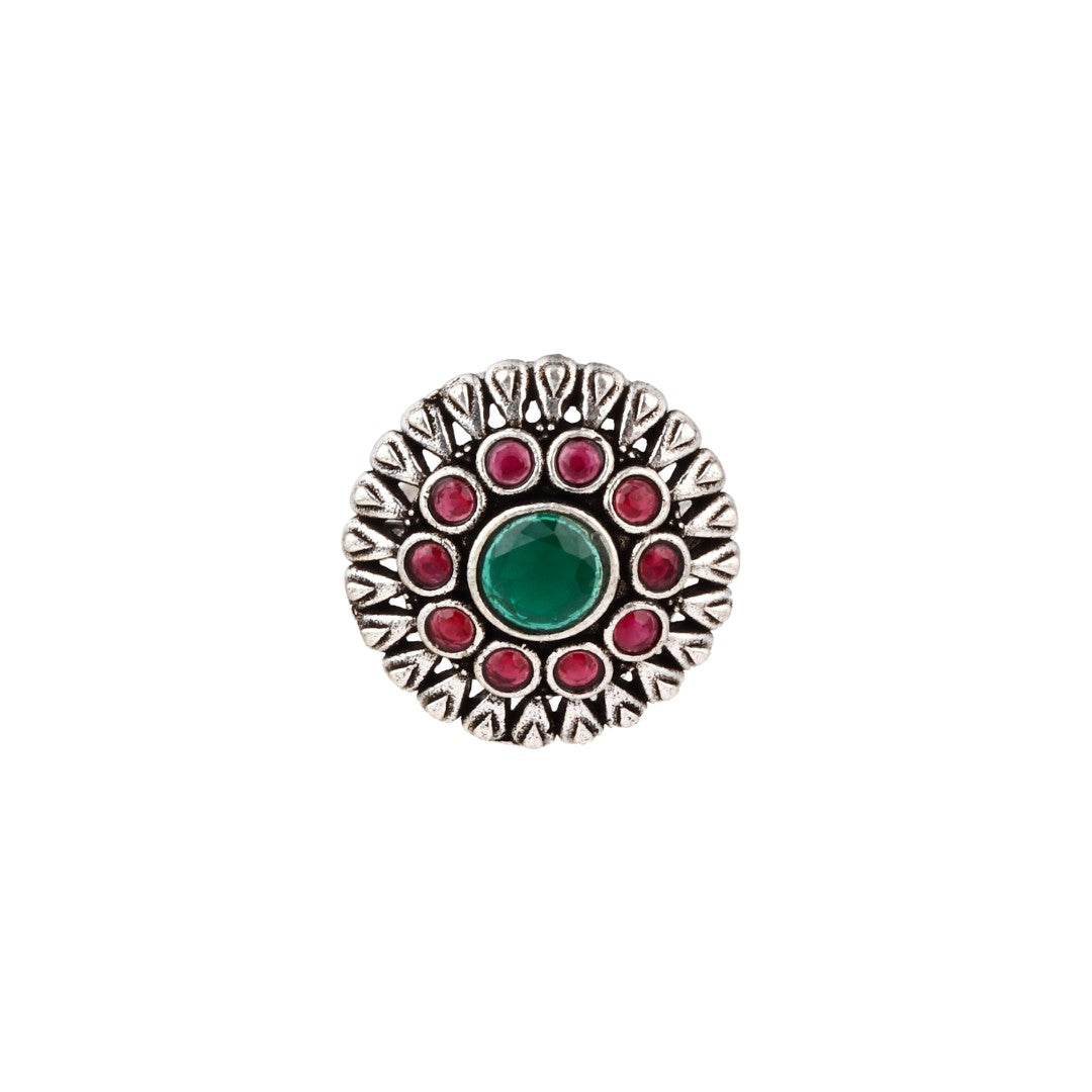 Red & green stone circular adjustable ring