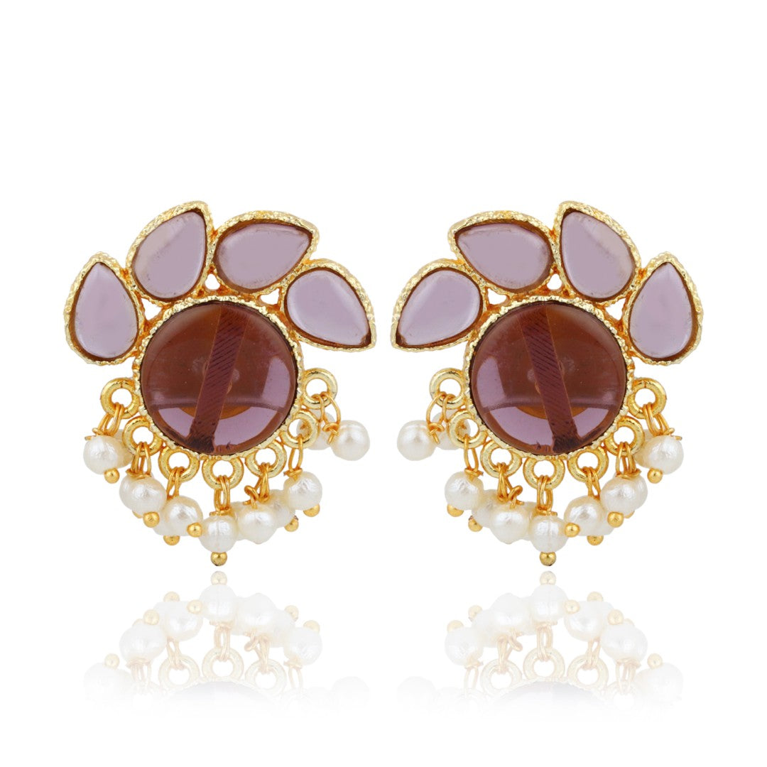 Stone Gold-Toned Earrings with Pearl Drops - Purple