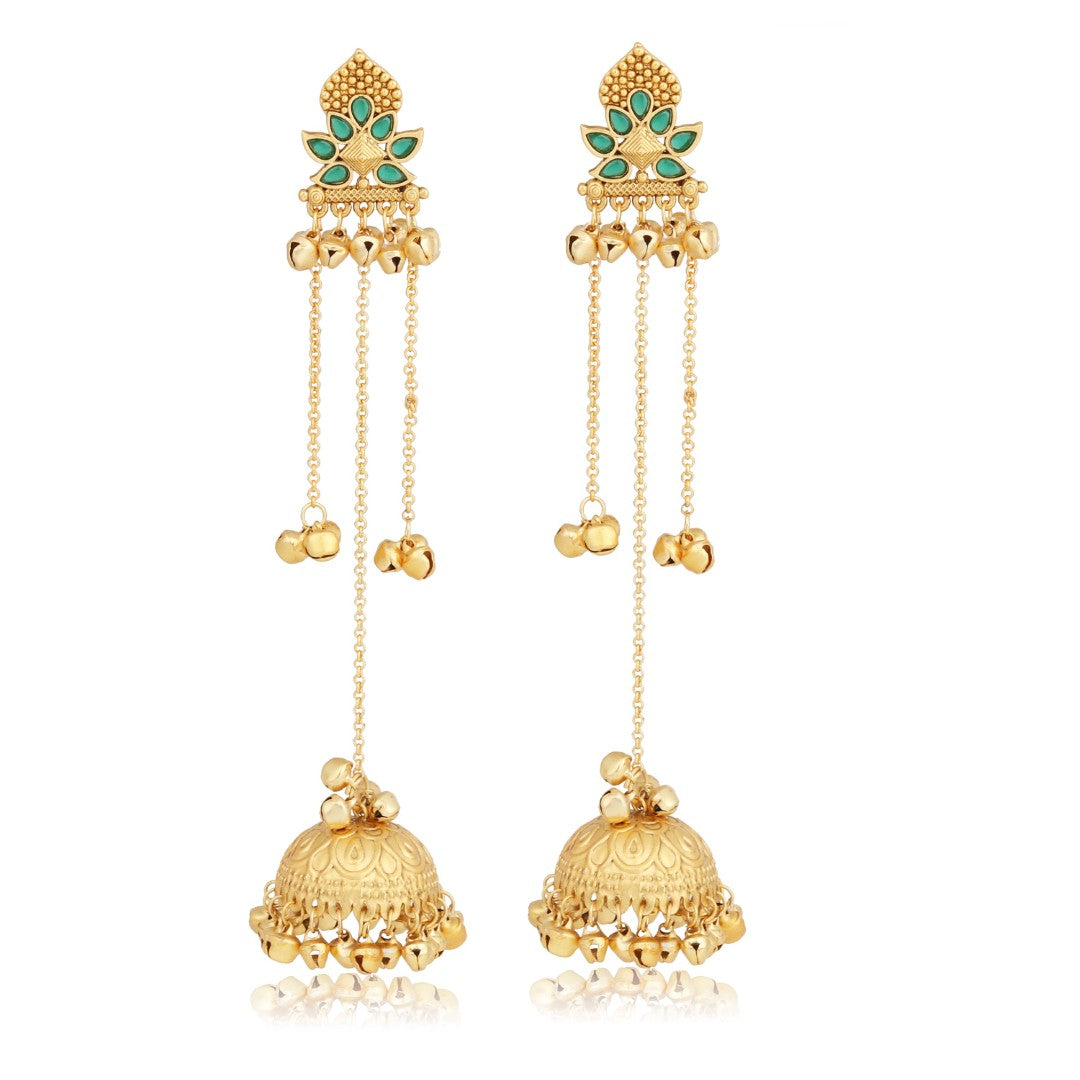 Floral Jhumka Earrings with Ghungroo Chain Tassels green