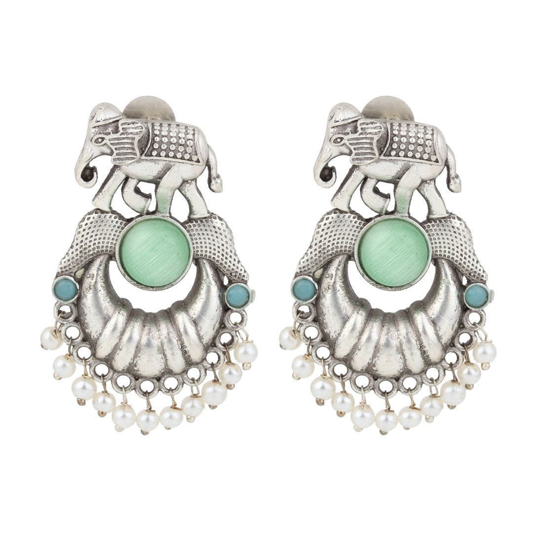 Oxidised Silver Elephant Motif Earrings with Mint Stone
