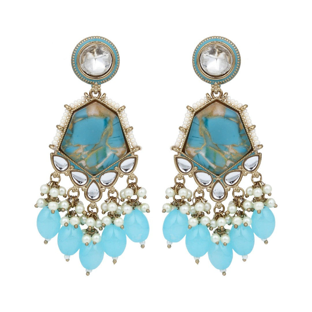 Gold plated two tone Geometric stone drop earring - Blue