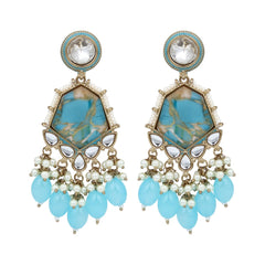 Gold plated two tone Geometric stone drop earring - Blue