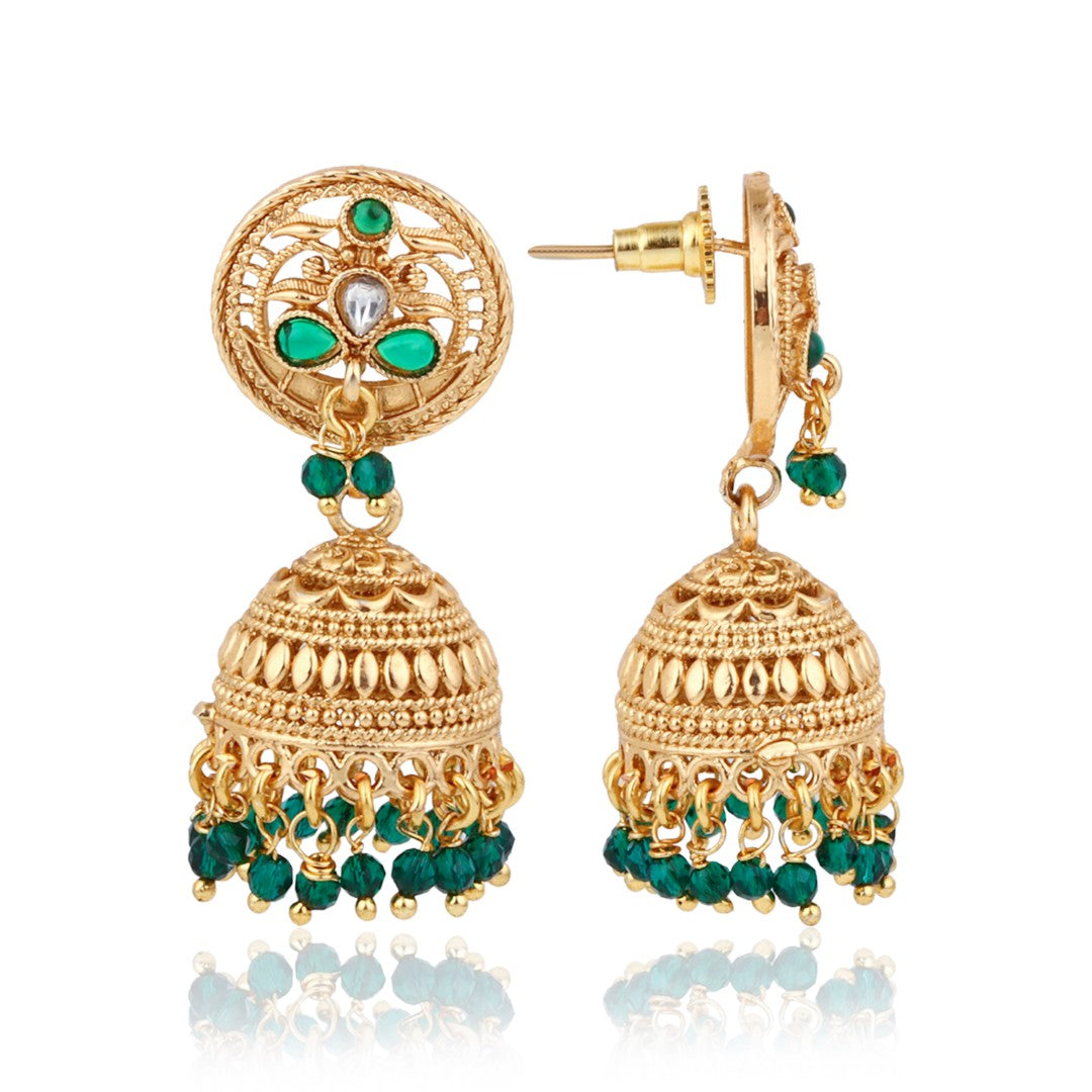 Green Stone Gold-Toned Jhumka Earrings