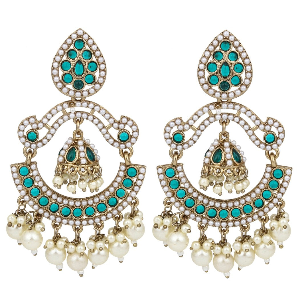 Gold plated Stone & beads chandbali Earring -Green