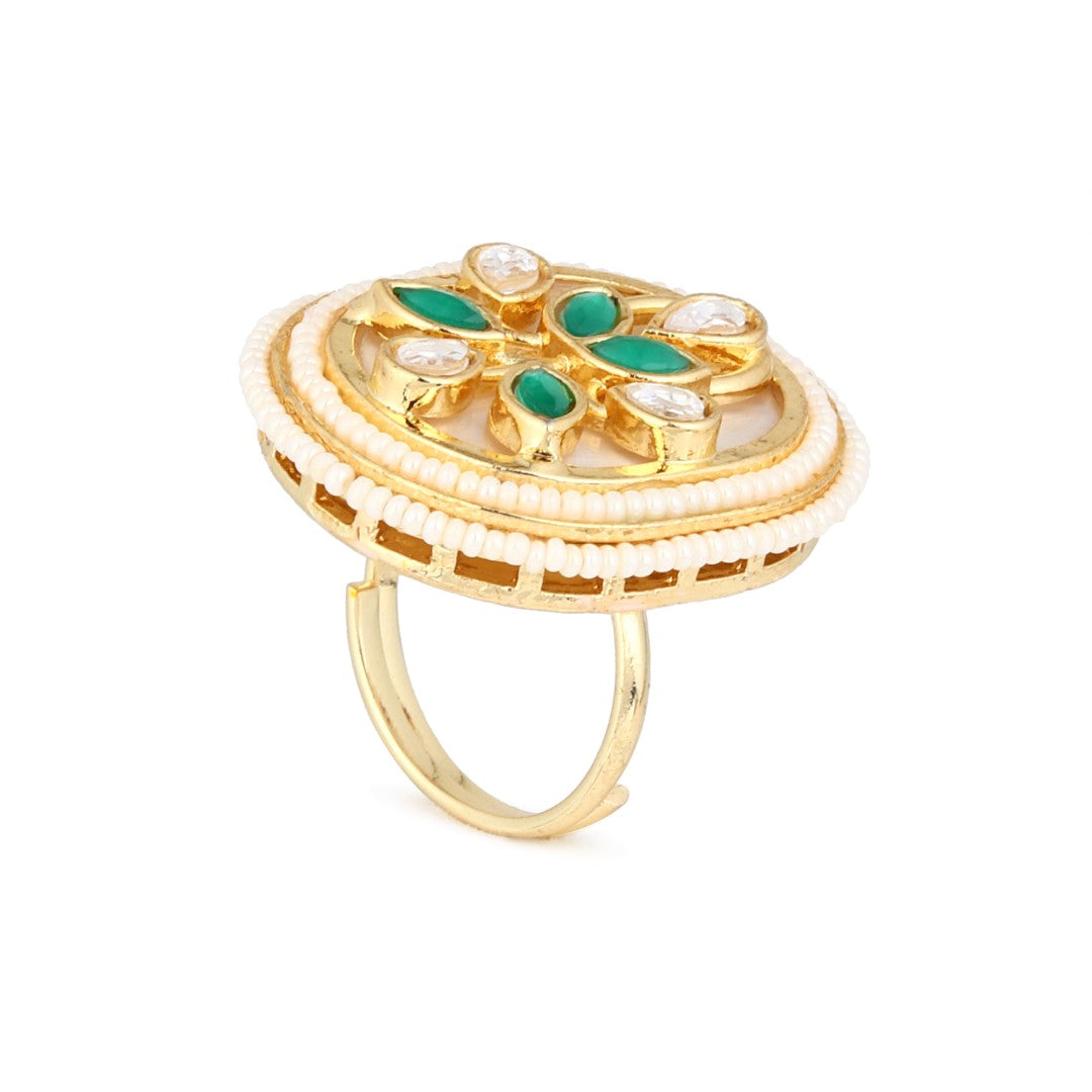 Green stone & Kundan Oval Statement Ring with MOP