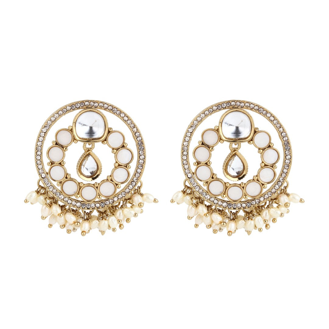 Regal Kundan Pearl Chandbali Earrings - White