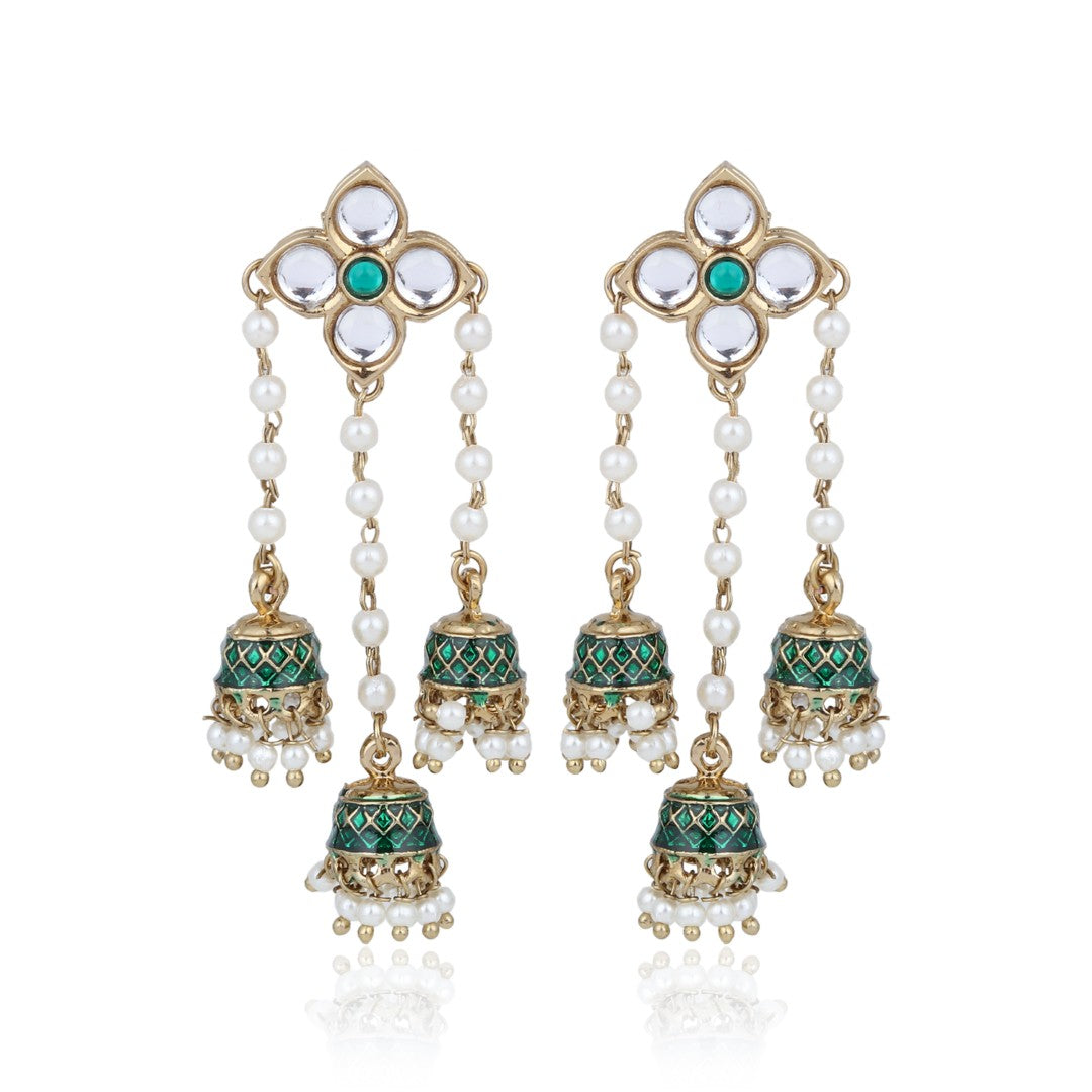 Kundan Pearl Tassel Statement Earrings - Green