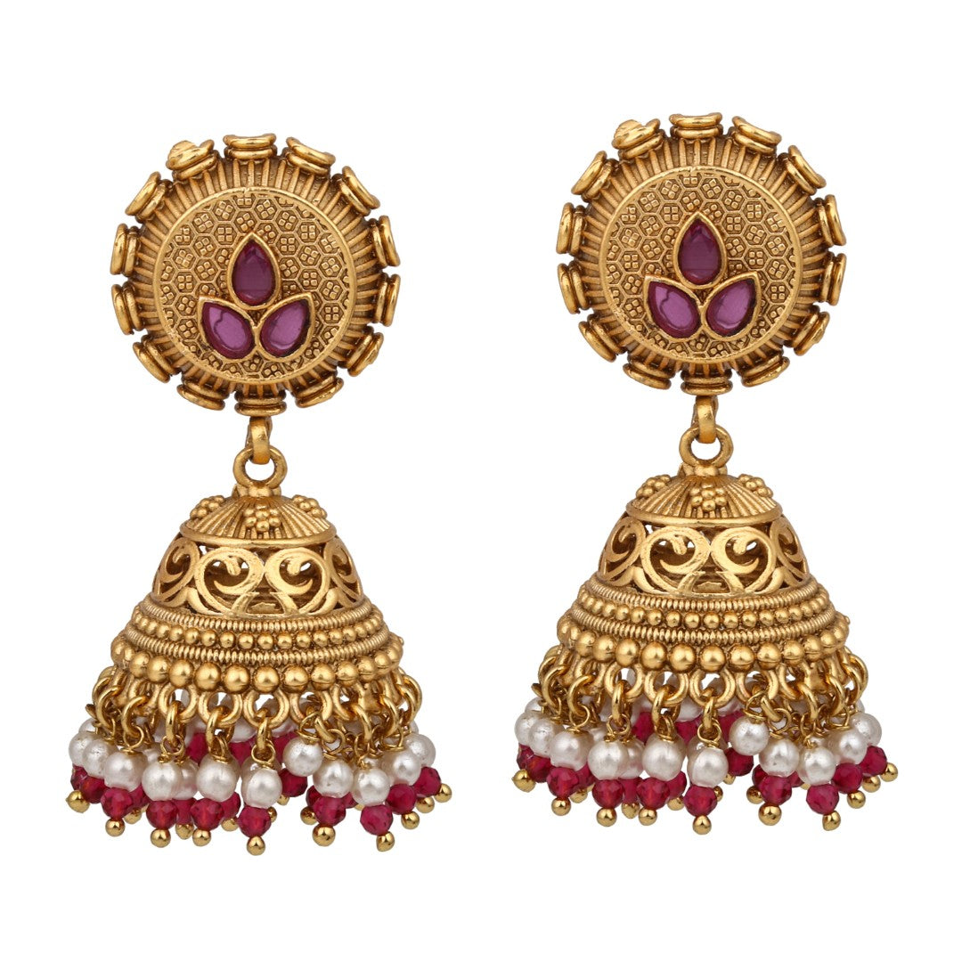 Antique Gold-Plated Temple Jhumka Earrings - Red
