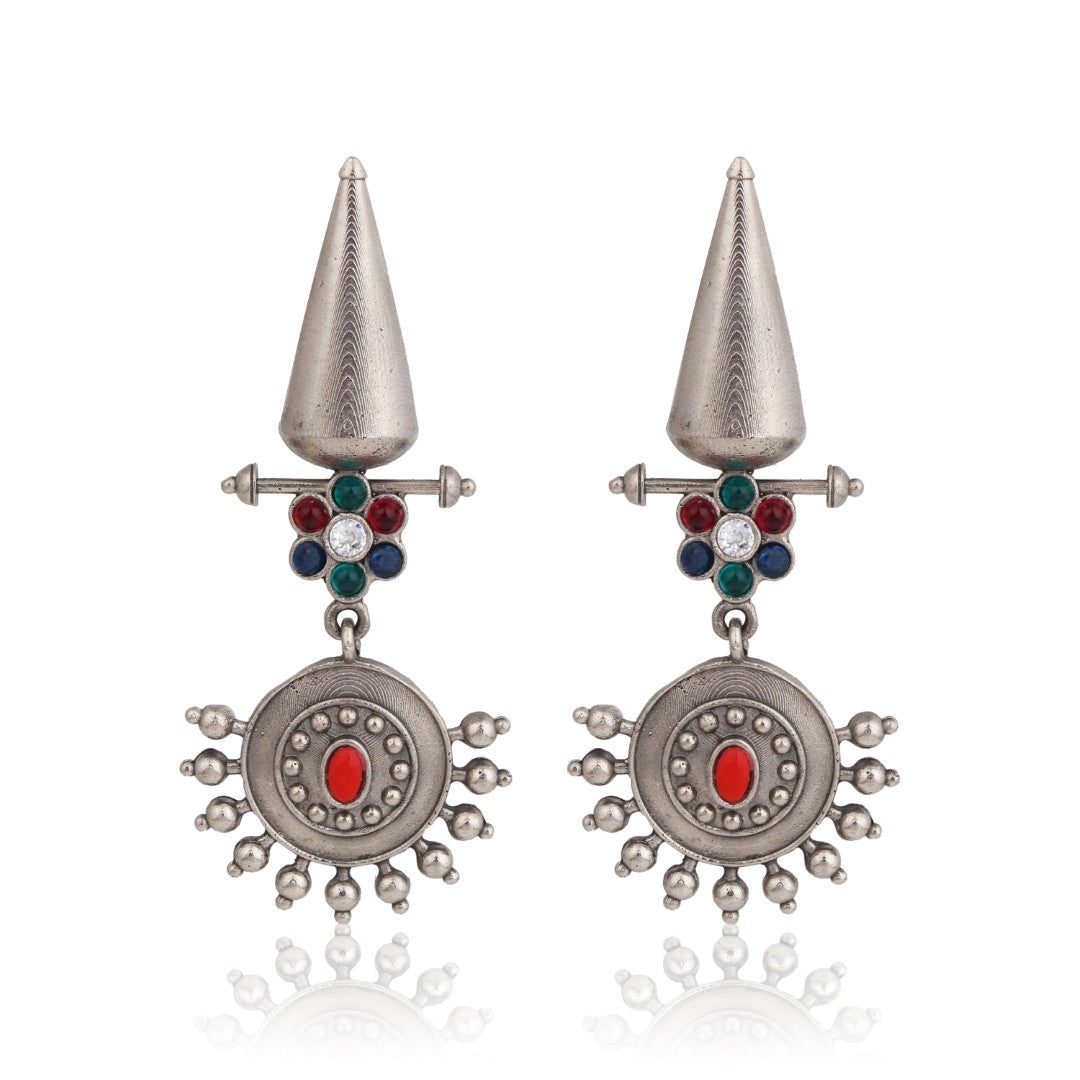 Oxidised Tribal Sun Motif Drop Earrings