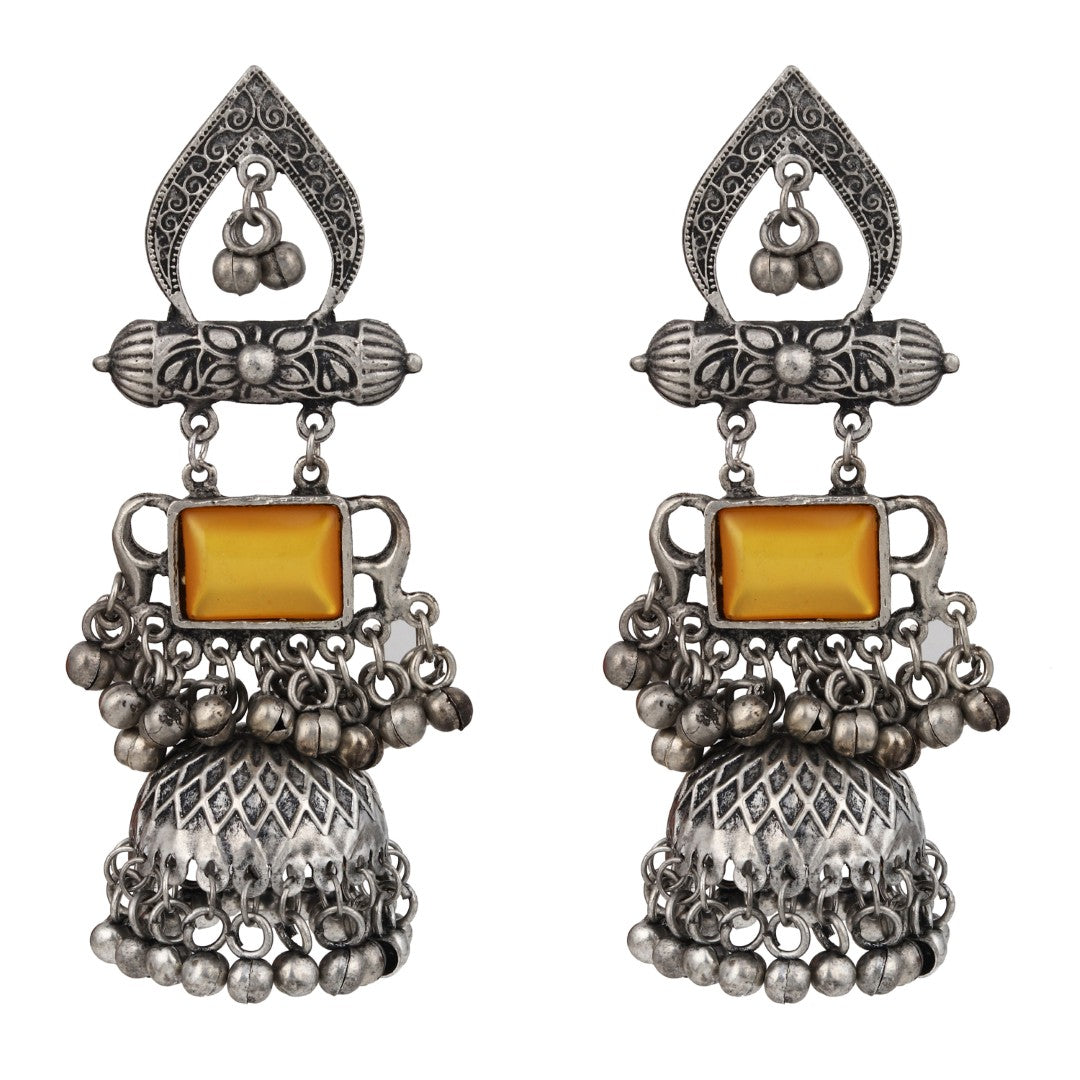 Silver oxydised lightweight long Jhumka with Yellow Stone