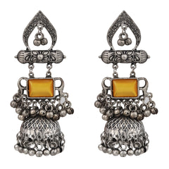 Silver oxydised lightweight long Jhumka with Yellow Stone