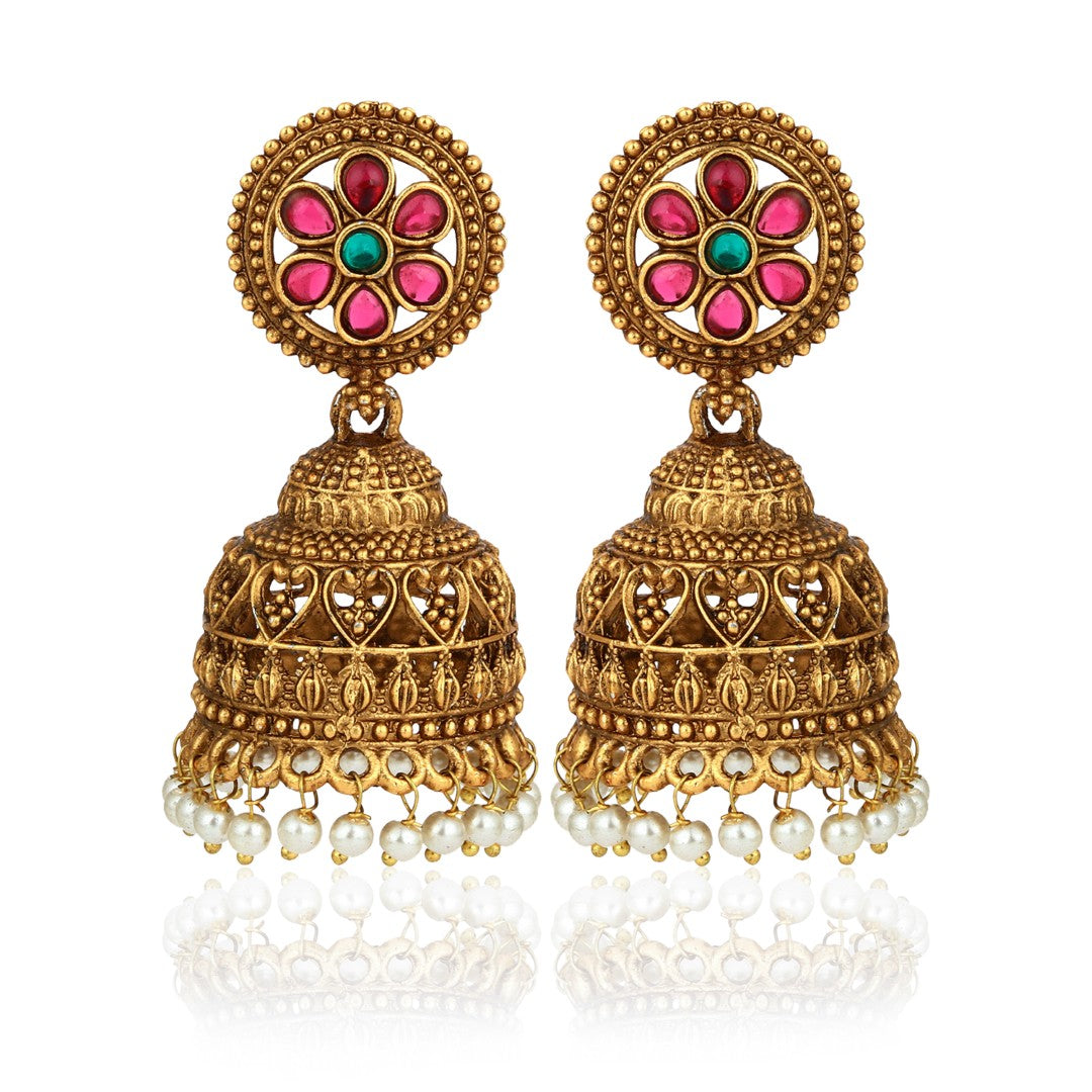 Floral Ruby Emerald Jhumka Earrings