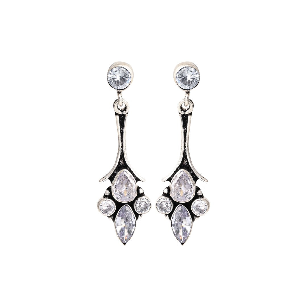 Silver Oxidised finish Drop earring with AD stone White