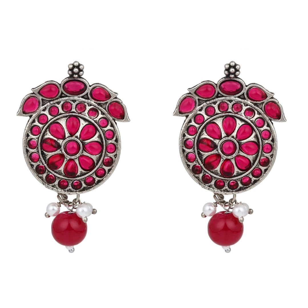 Stones Studded Circular Studs- Pink
