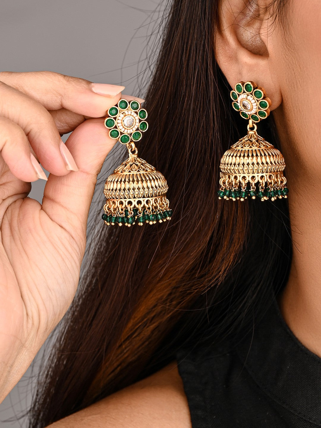 Emerald Bloom Copper Jhumka Earrings