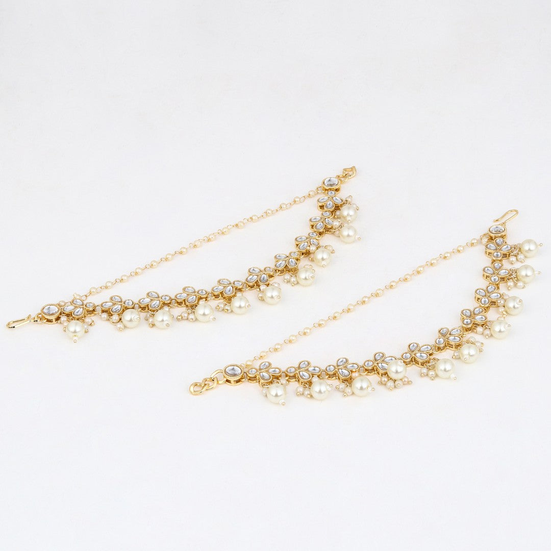 Elegant Gold-Plated Kundan Pearl Delicate Ear Chains