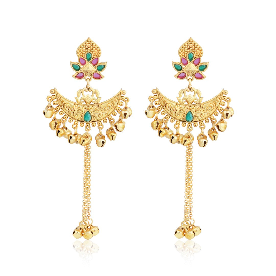 Multicolor Temple Chandbali Earrings with Ghungroo Chain Tassels