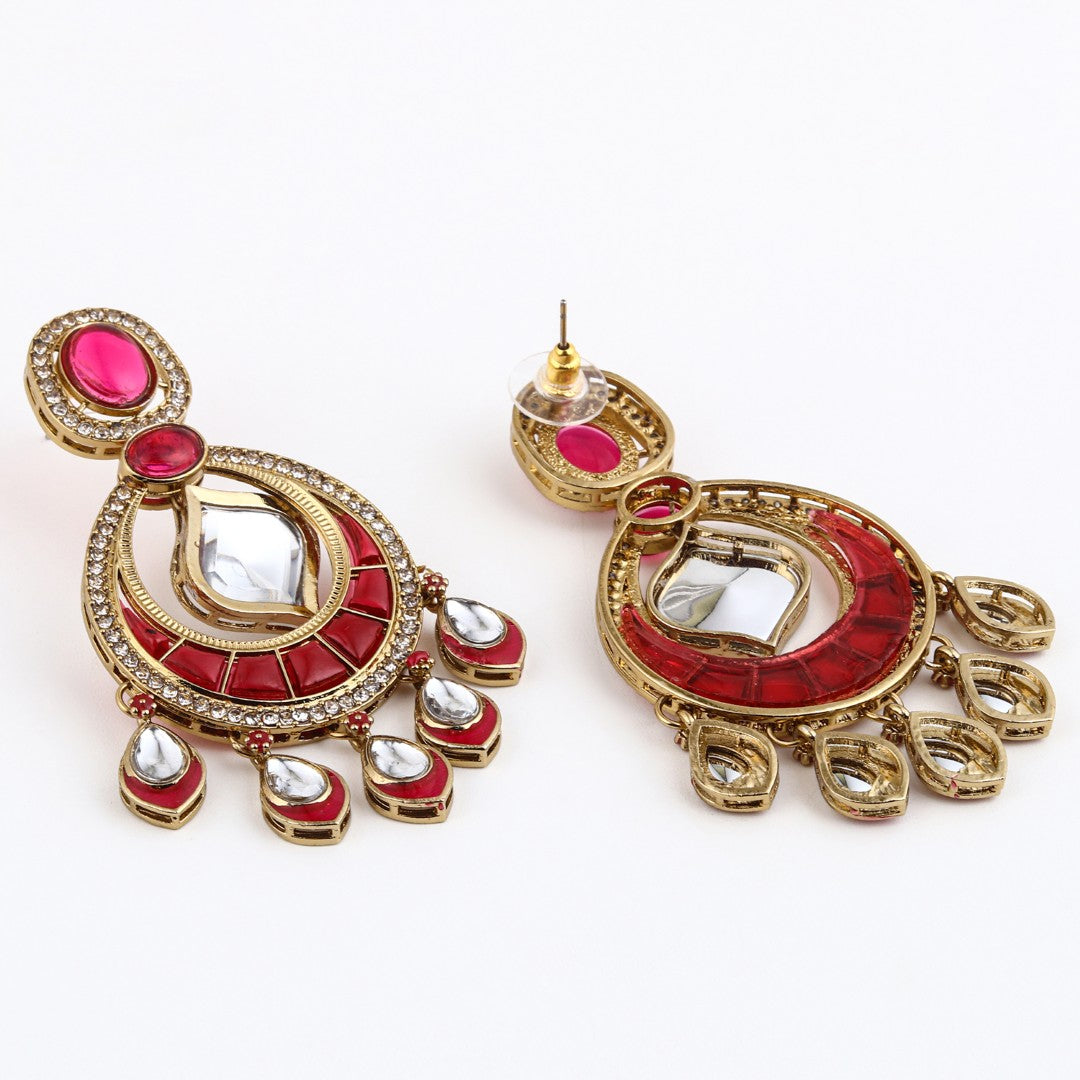 Kundan Chandbali Earrings with Teardrop Danglers- Pink