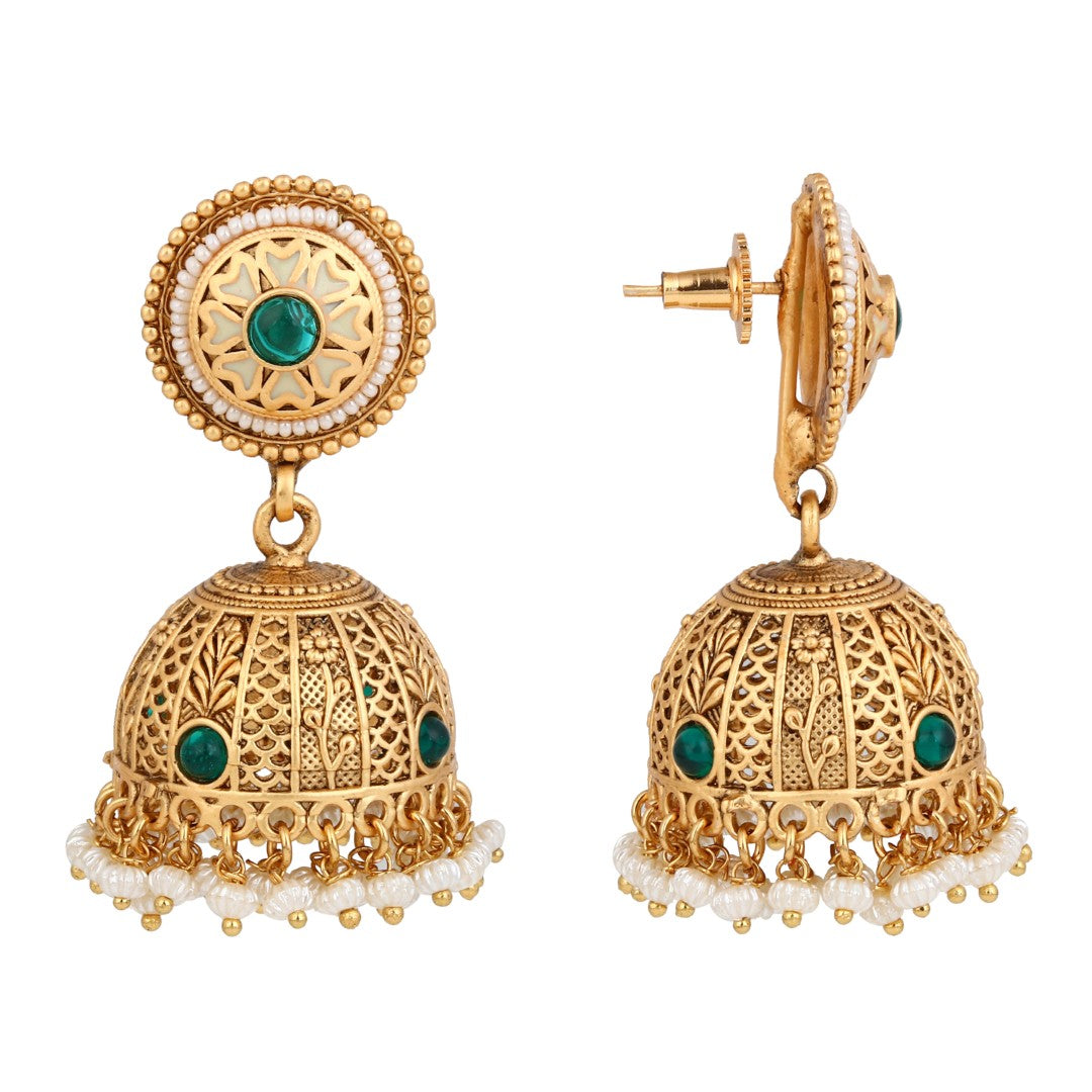 Royal Green Stone Antique Jhumka Earrings