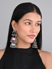 Silver oxydised lightweight long Jhumka with Pink Stone