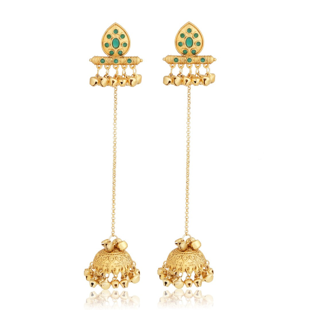 Emerald Temple Jhumka Earrings with Long Chain Tassels