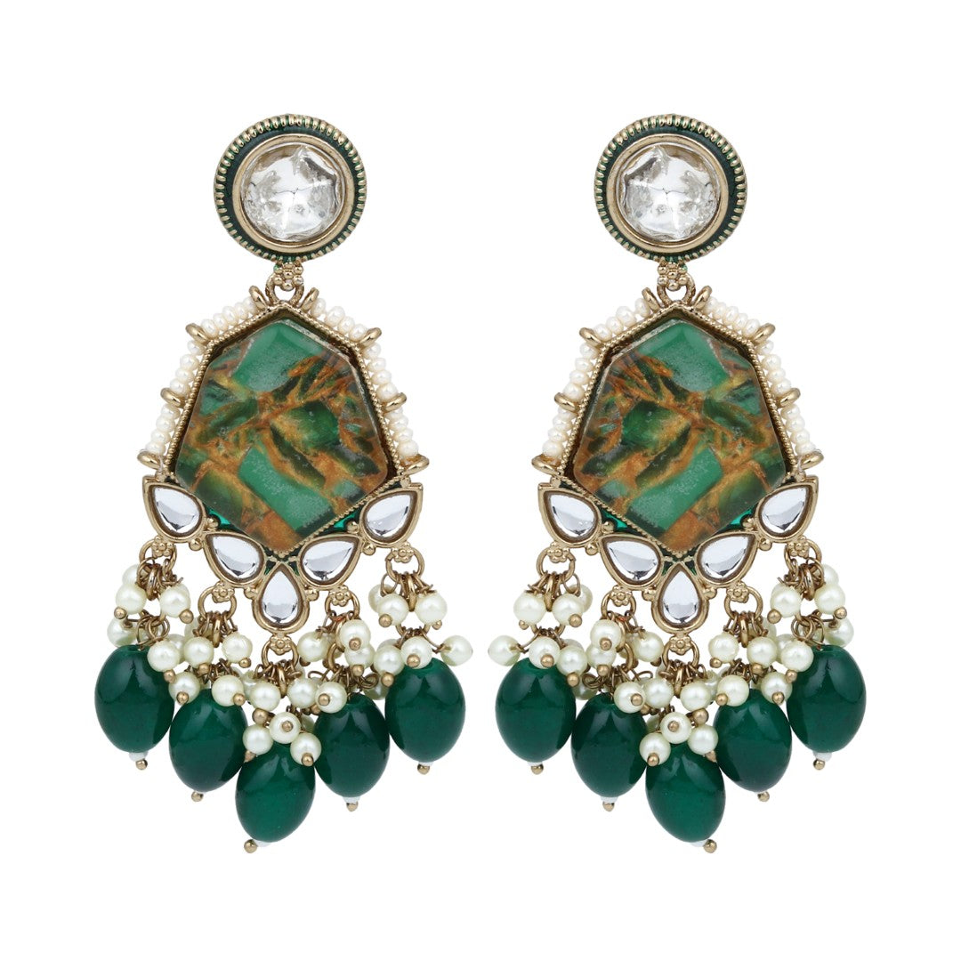 Gold plated two tone Geometric stone drop earring - Green