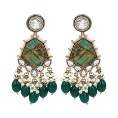 Gold plated two tone Geometric stone drop earring - Green