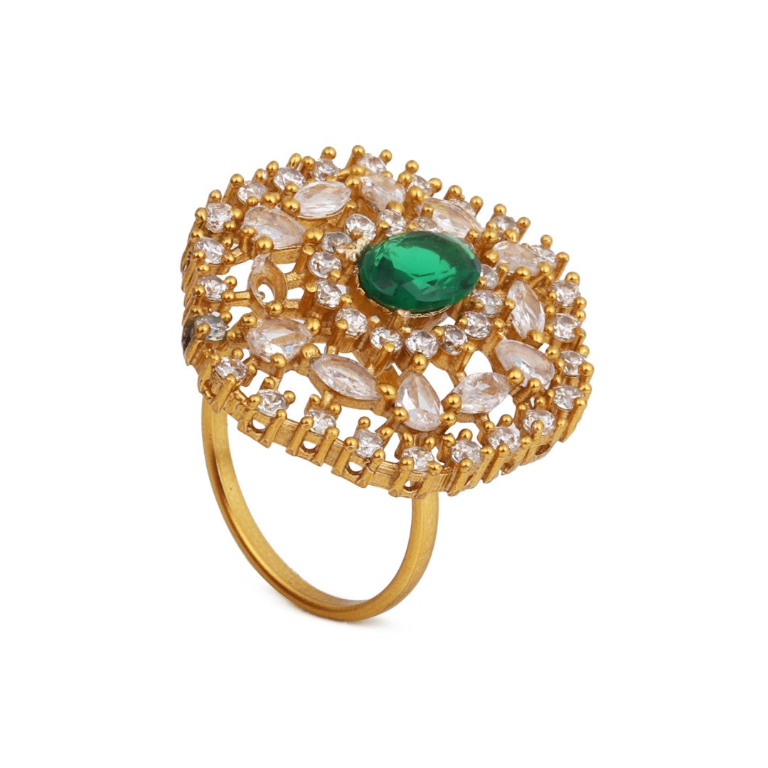 Emerald Green Stone & Crystal Floral Ring