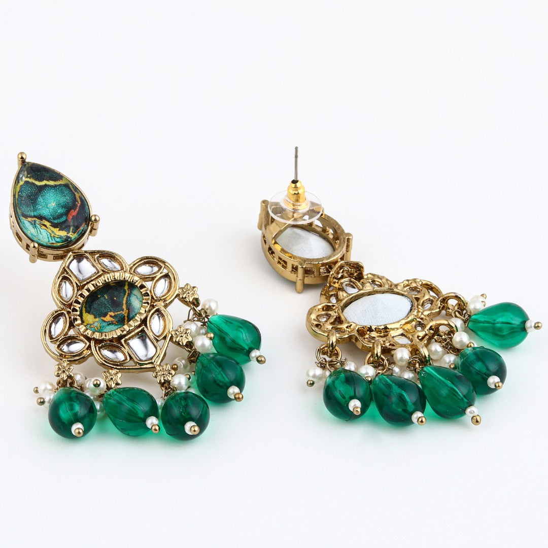 Gold-Plated Emerald Green Kundan Chandelier Earrings with Bead Drops