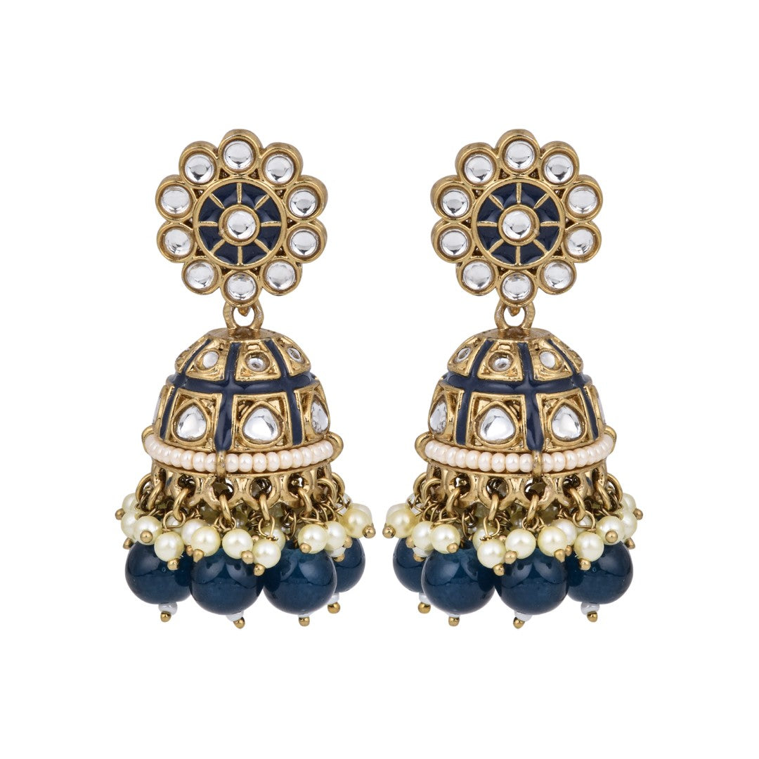 Gold plated kundan & Navy Meenakari Jhumka Earring