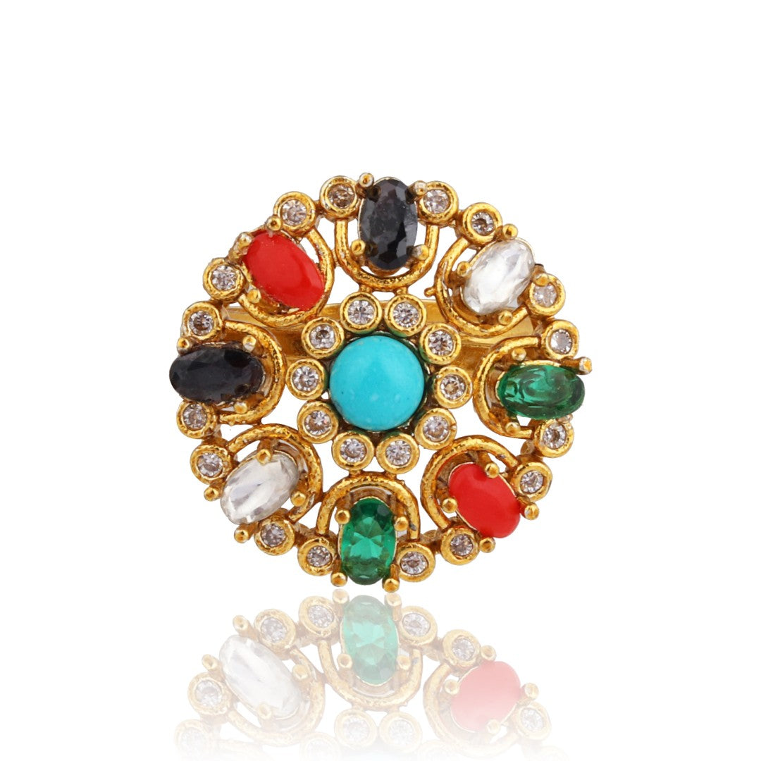 Multicolor Floral Statement Ring – Gold Finish Adjustable Cocktail Ring