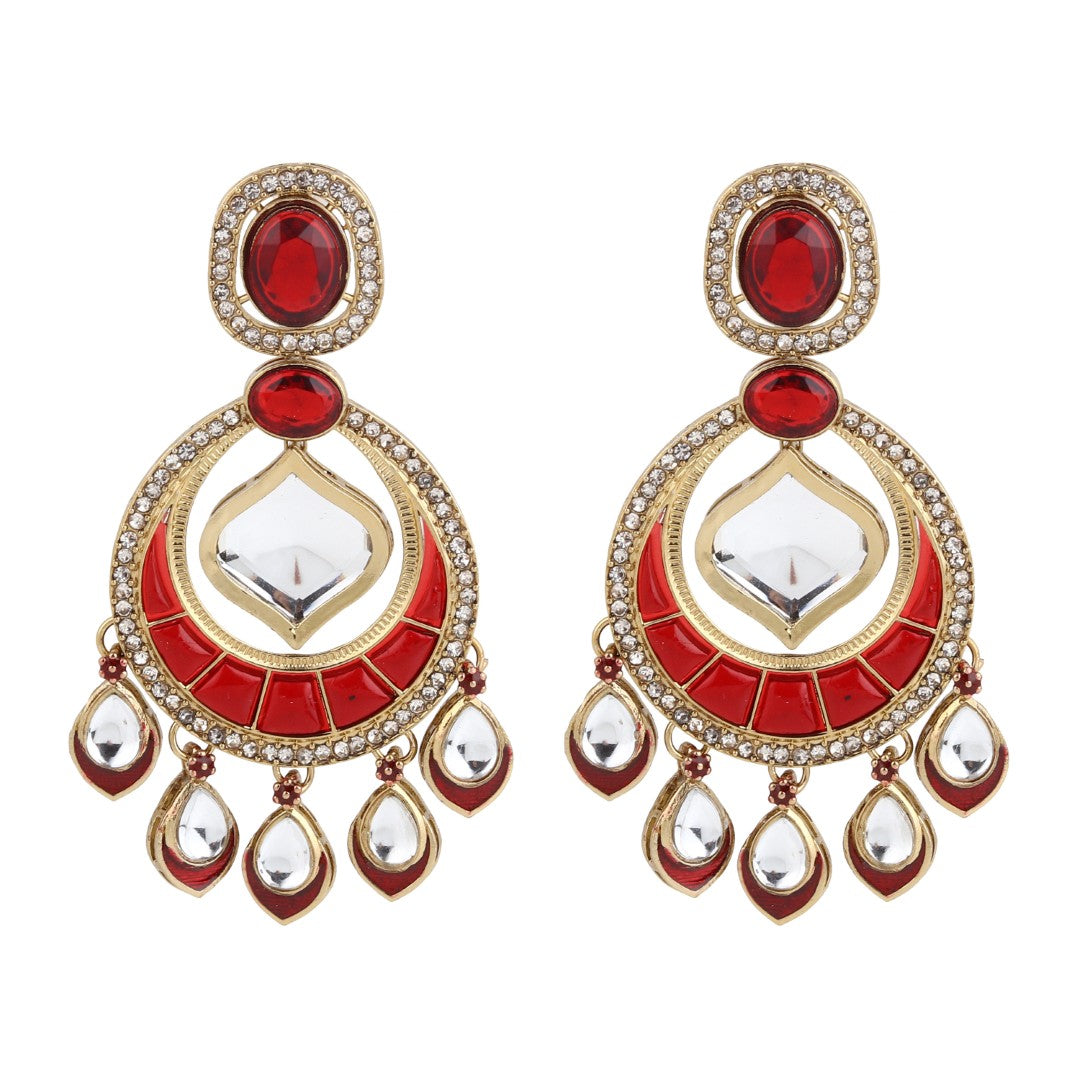 Kundan Chandbali Earrings with Teardrop Danglers- Red